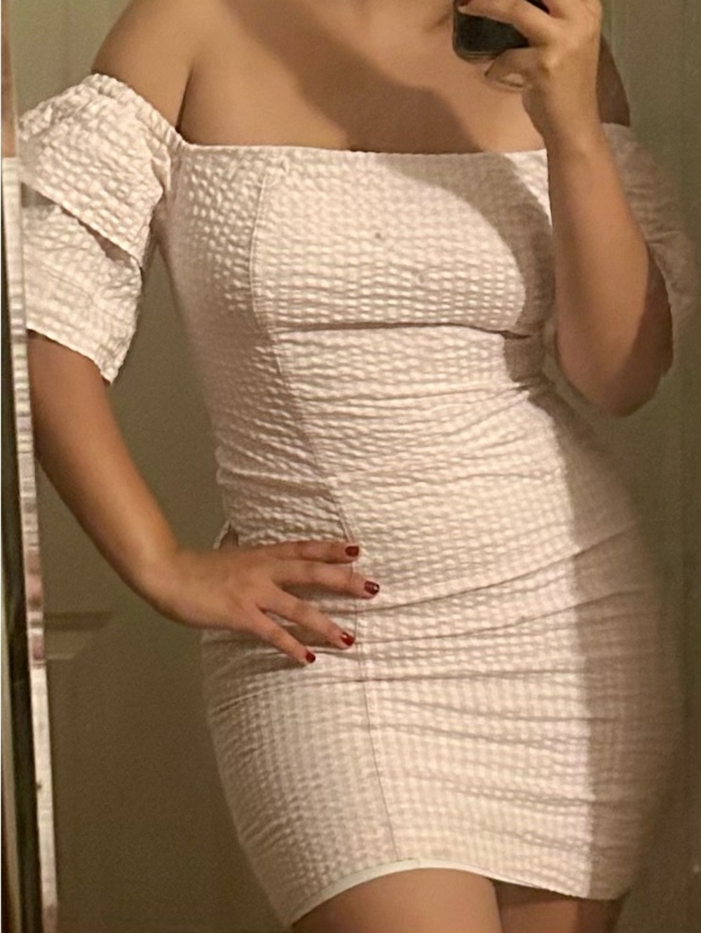 Guess Pink Off-Shoulder Seersucker Mini Dress
